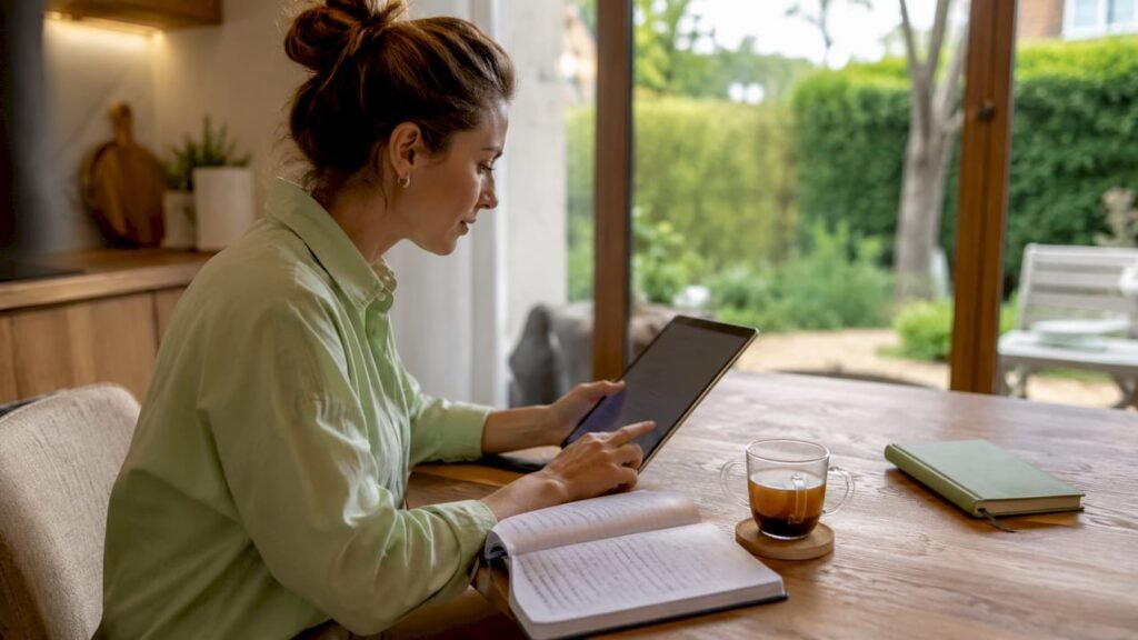 Een vrouw bekijkt verschillende feedbackmogelijkheden op haar tablet terwijl ze aan haar bureau zit.