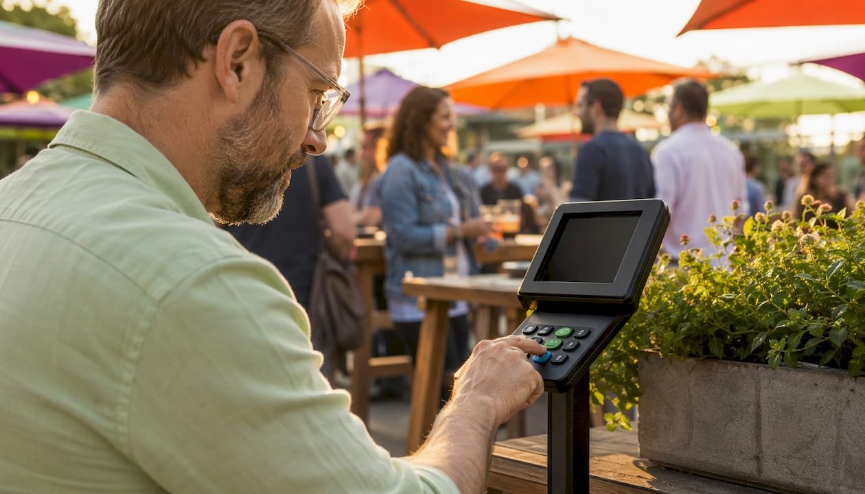Een man geeft feedback via een terminal bij de ingang van het evenement.